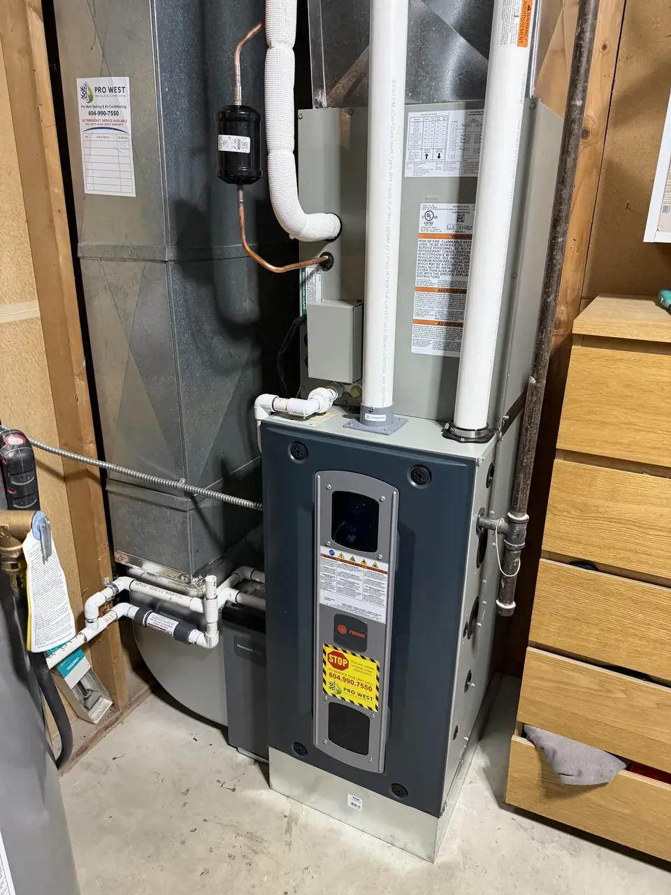Trane furnace fitted into a tight mechanical room by Pro West
